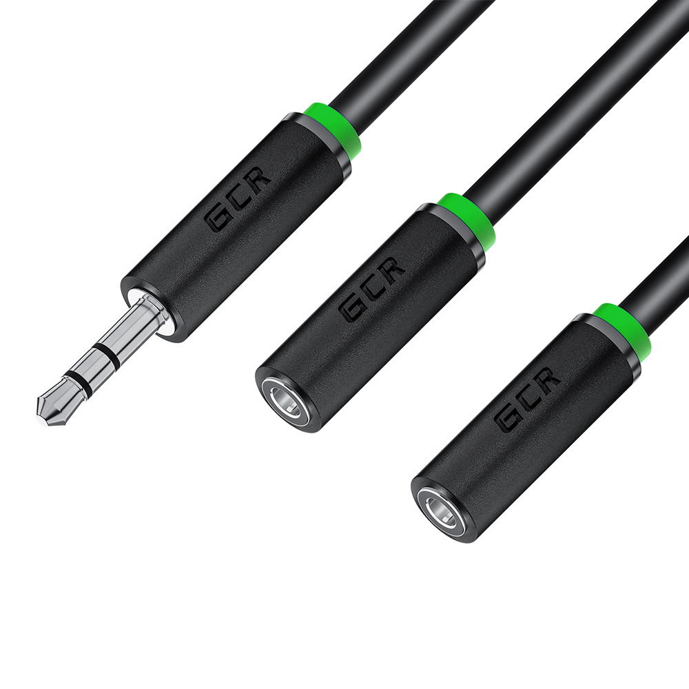 Аудио разветвитель Y-образный mini jack 3.5mm черный с зеленой окантовкой GCR-50642